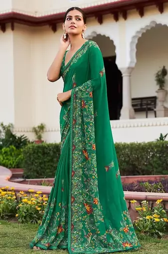 Green printed georgette contemporary saree