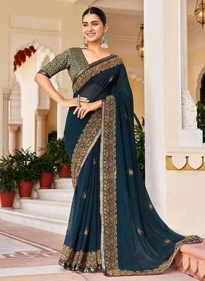 Navy blue georgette printed festival desginer trendy saree 1