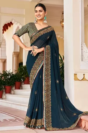 Navy blue georgette printed festival desginer trendy saree