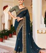 Navy blue georgette printed festival desginer trendy saree