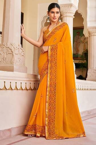 Orange georgette printed festival desginer trendy saree