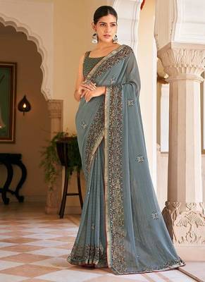 Grey georgette printed festival desginer trendy saree 1