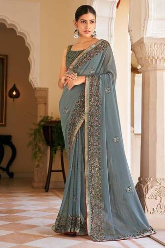 Grey georgette printed festival desginer trendy saree