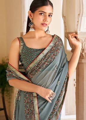 Grey georgette printed festival desginer trendy saree 2