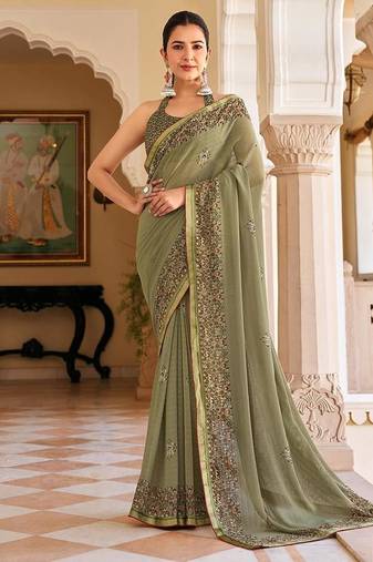 Sage green georgette printed festival desginer trendy saree