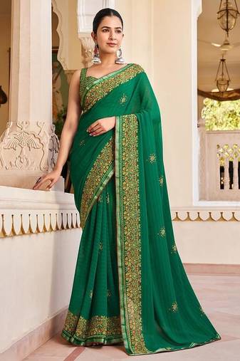 Green georgette printed festival desginer trendy saree