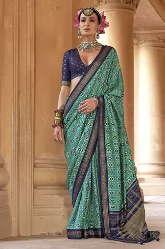 Turquoise silk blend patola print classic saree