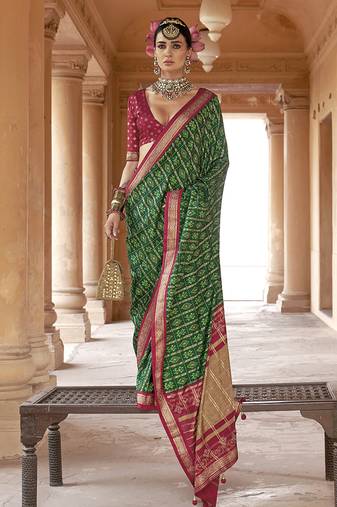 Green silk blend patola print classic saree