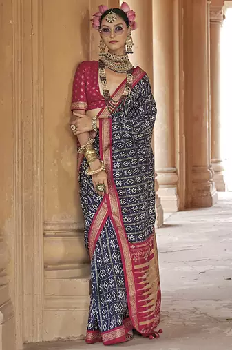 Navy blue silk blend patola print classic saree
