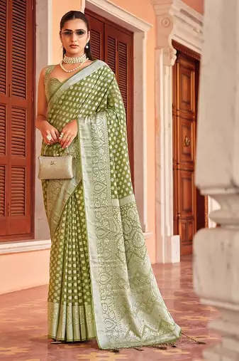 Olive green weaving georgette party contemporary saree