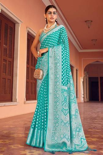 Turquoise weaving georgette party contemporary saree
