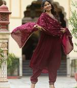 Purple colored party wear embroidered stitched vichitra silk pant style kurti suit with duppatta