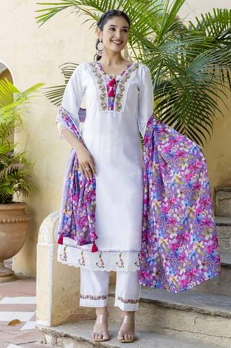 White colored party wear embroidered stitched chanderi pant style kurti suit with duppatta