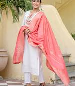 White colored party wear embroidered stitched viscose pant style kurti suit with duppatta