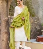 White colored party wear embroidered stitched viscose pant style kurti suit with duppatta