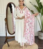 White colored party wear embroidered stitched viscose pant style kurti suit with duppatta