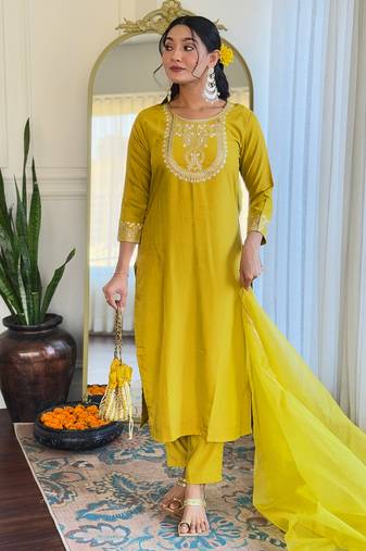 Yellow colored party wear embroidered stitched rayon pant style kurti suit with duppatta