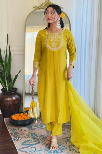 Yellow colored party wear embroidered stitched rayon pant style kurti suit with duppatta