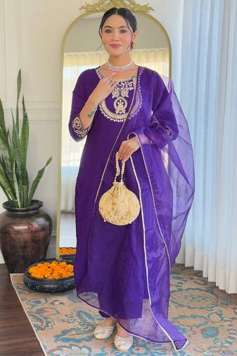 Purple colored party wear embroidered stitched rayon pant style kurti suit with duppatta