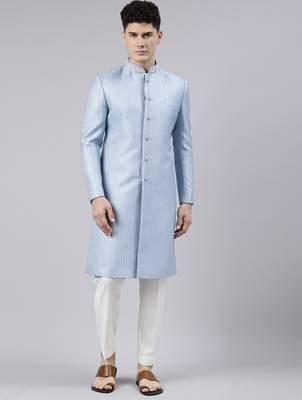 Powder blue jacquard achkan 1
