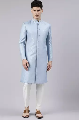 Powder blue jacquard achkan