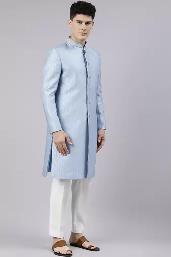 Powder blue jacquard achkan