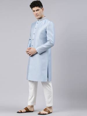 Powder blue jacquard achkan 4