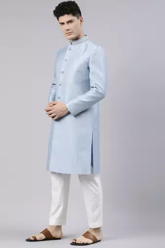 Powder blue jacquard achkan