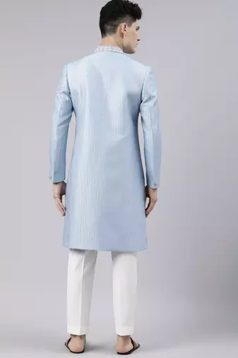 Powder blue jacquard achkan