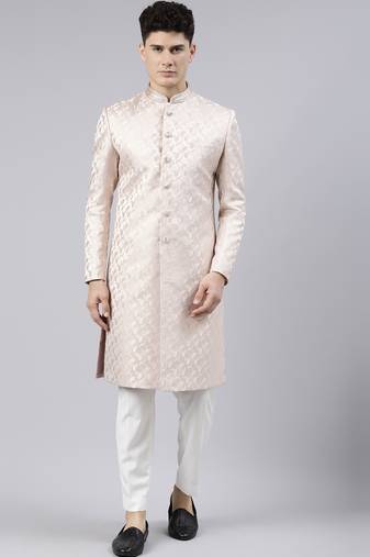 Peach jacquard achkan
