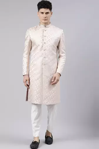 Peach jacquard achkan