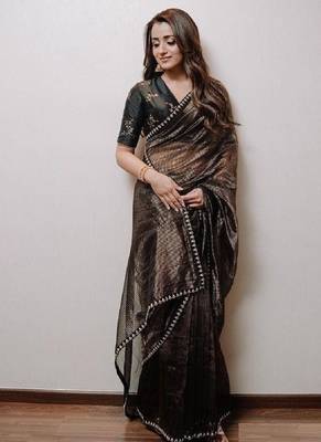Black Gold Zari Lining Sequins Embroidered Tissue Saree 1