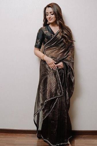 Black Gold Zari Lining Sequins Embroidered Tissue Saree