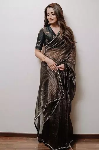 Black Gold Zari Lining Sequins Embroidered Tissue Saree