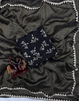 Black Gold Zari Lining Sequins Embroidered Tissue Saree 3