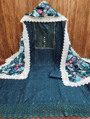 Women's navy blue embroidered dress material 2