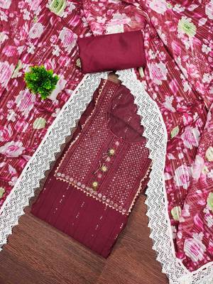 Women's maroon embroidered dress material 1