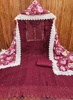 Women's maroon embroidered dress material 2
