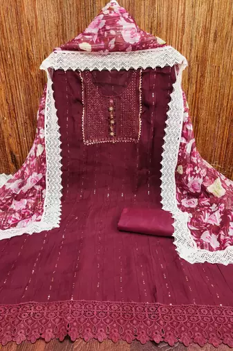 Women's maroon embroidered dress material