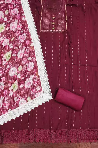 Women's maroon embroidered dress material