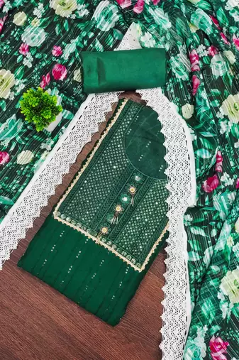 Women's dark green embroidered dress material