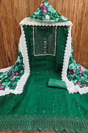 Women's dark green embroidered dress material