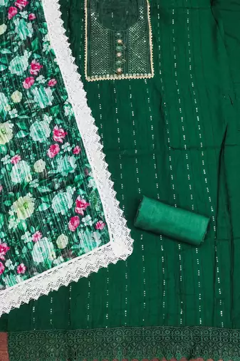 Women's dark green embroidered dress material