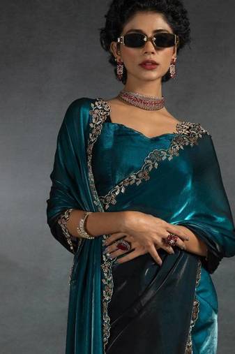 Blue Shaded Diamond Jarkhan Work silk blend Saree