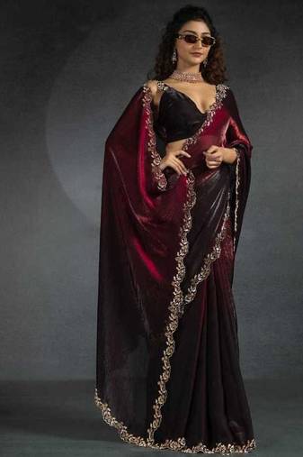 Blood Red Shaded Diamond Jarkhan Work silk blend Saree