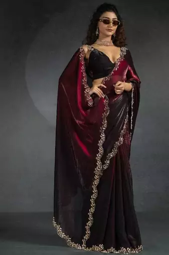 Blood Red Shaded Diamond Jarkhan Work silk blend Saree