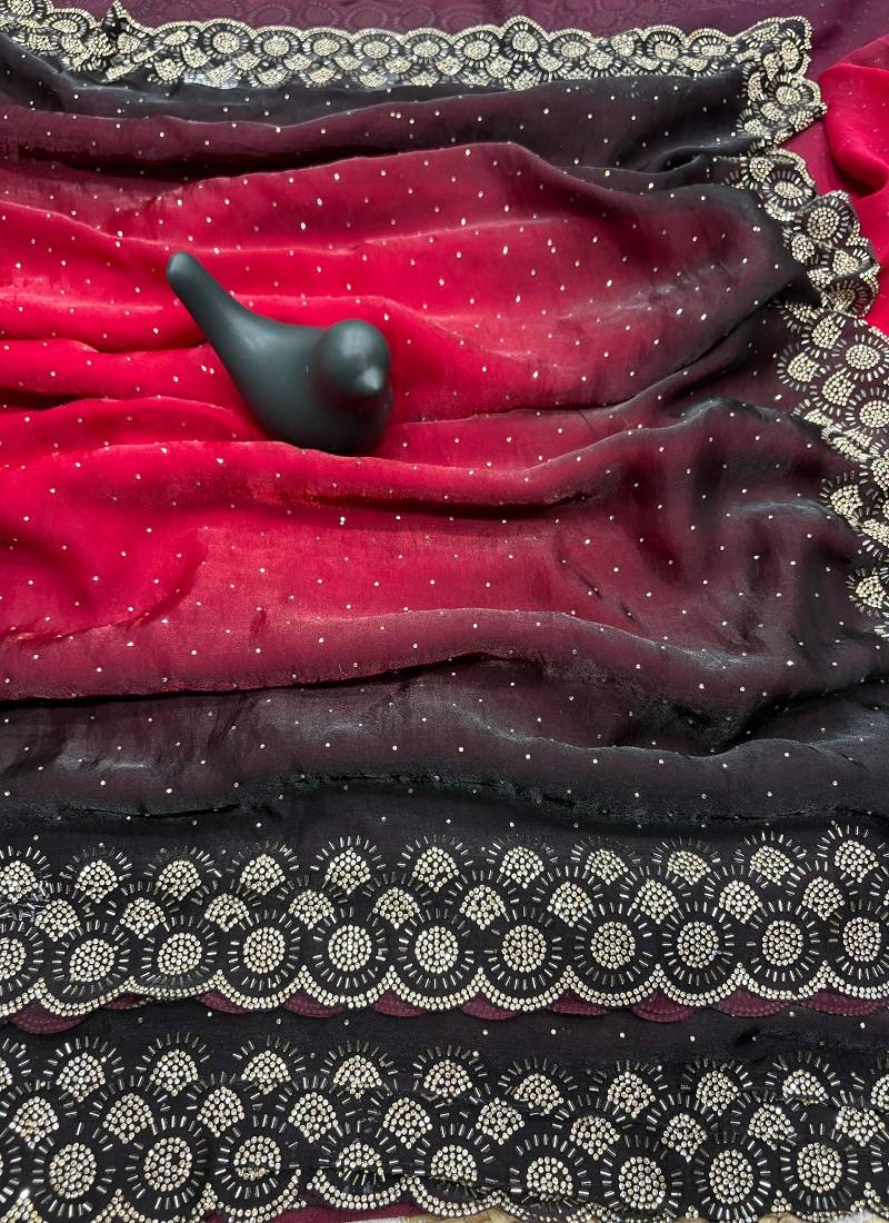 Blood Red Shaded Diamond Jarkhan Work silk blend Saree
