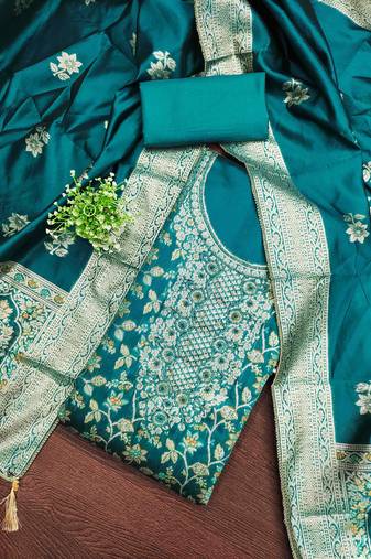 Women's teal handwork dress material