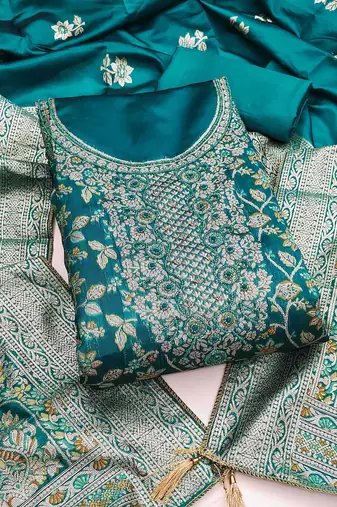 Women's teal handwork dress material