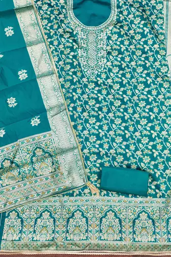 Women's teal handwork dress material